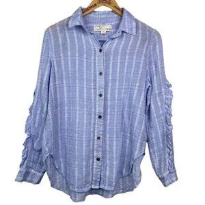 VINTAGE HAVANA BLUE PLAID LONG SLEEVE W/RUFFLES BUTTON FRONT SHIRT SMALL-EUC